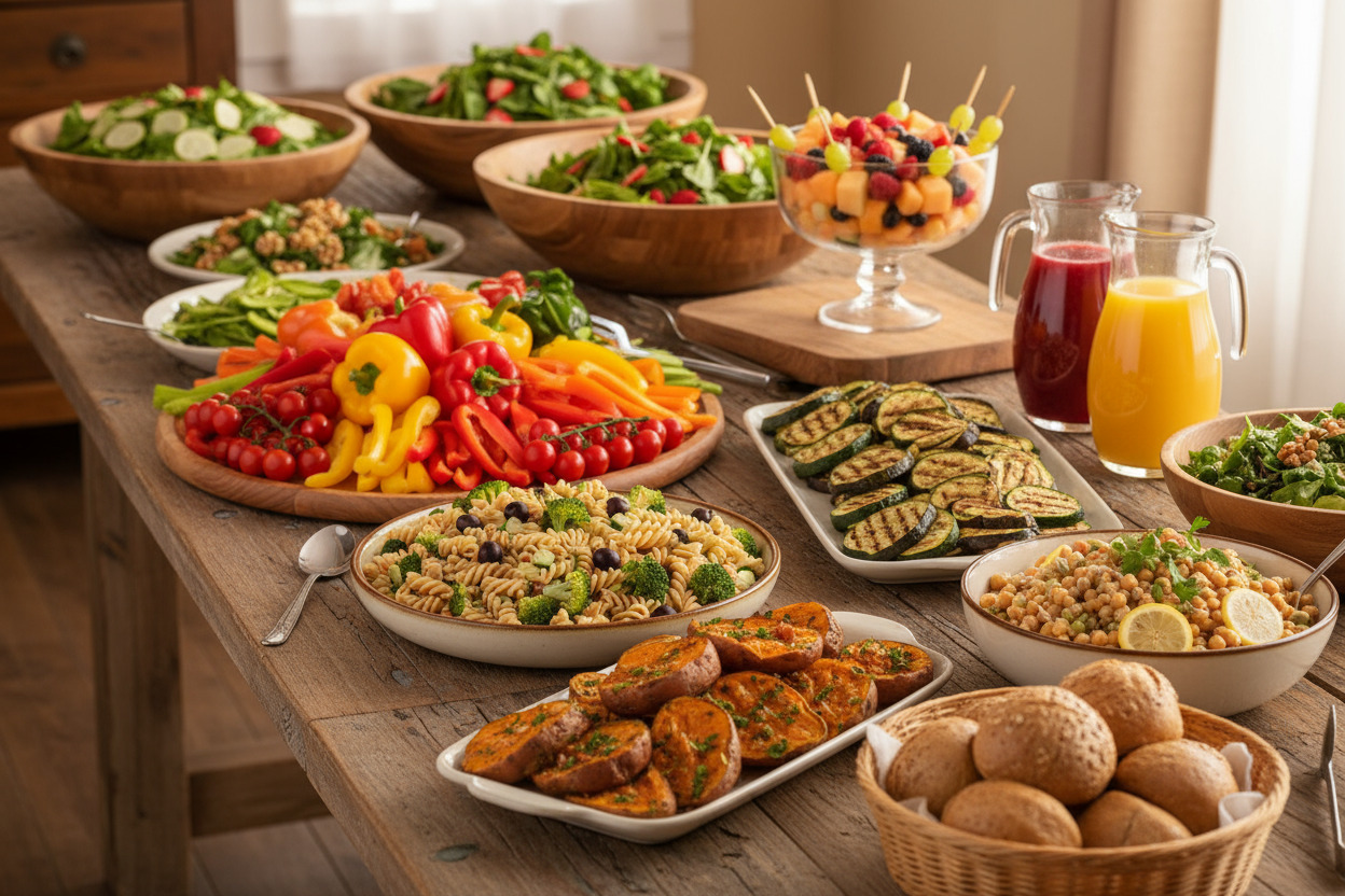 a buffet of clean nutritious food set out on a rustic table